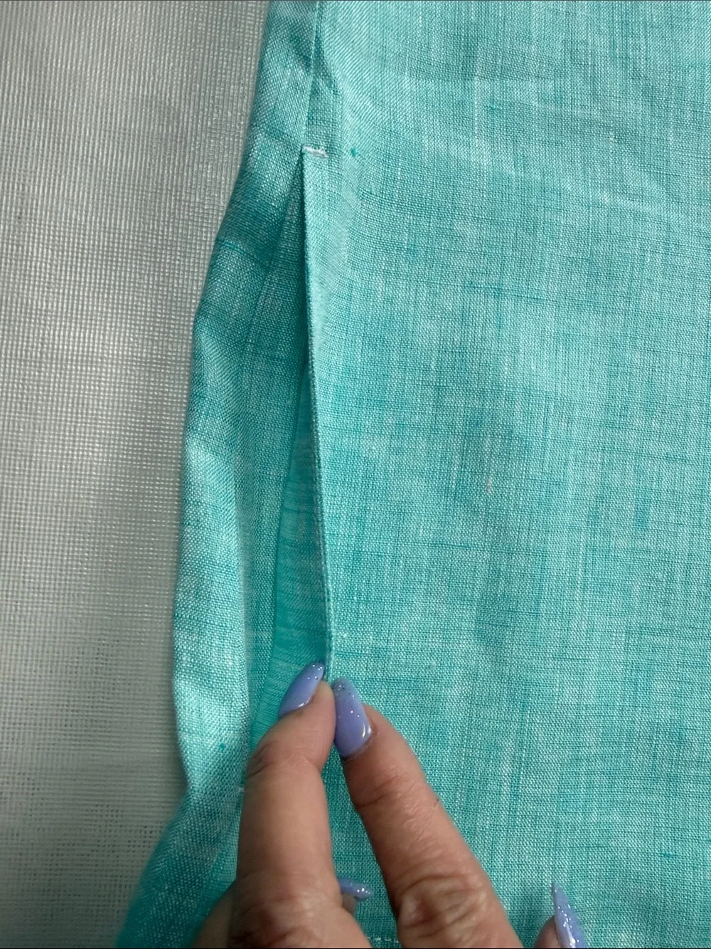 Lafayette 148 Aqua Linen Button-Down Shirt 3/4 Sleeves Side Pockets Size L - Picture 8 of 14